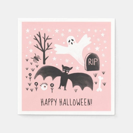 Halloween-Niedlich Ghost-Bat-Schwarz-Rosa-Illustra Serviette (Vorderseite)