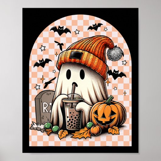 Halloween Niedlich Ghost Drink Kaffee Pumpkin Karo Poster (Vorne)