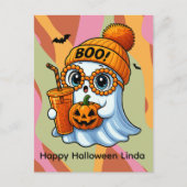 Halloween Niedlich Ghost Fall Pink Orange Postkarte (Vorderseite)