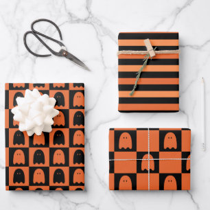 Halloween Niedlich Ghost Orange und Black Pattern Geschenkpapier Set