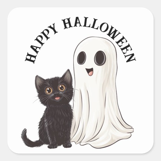 Halloween Niedlich Ghost und Black Cat Quadratischer Aufkleber (Vorderseite)