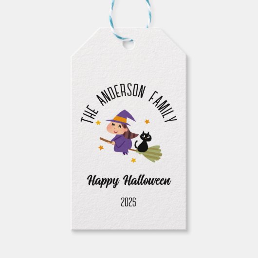 Halloween Niedlich Hexe auf einem Personalisierten Geschenkanhänger (Vorderseite)