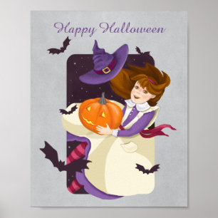 Halloween Niedlich Hexe mit Pumpkin Poster