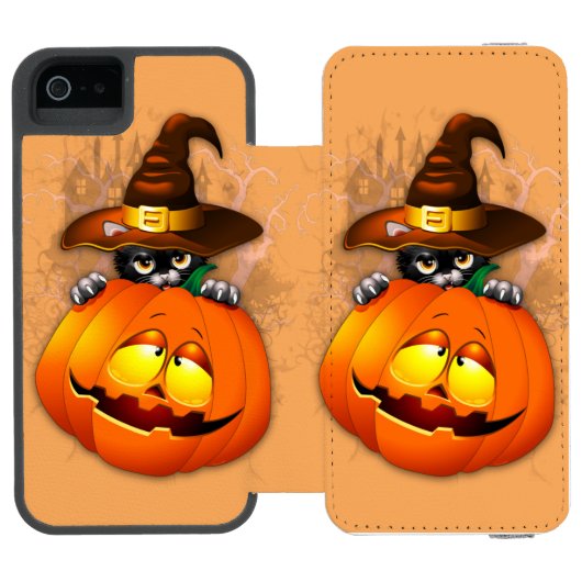 Halloween Niedlich Kitty Hexe und Kürbisfreund Incipio iPhone Geldbeutel-Hülle (Folio Geöffnet)