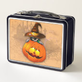 Halloween Niedlich Kitty Hexe und Kürbisfreund Metall Brotdose (Vorderseite)