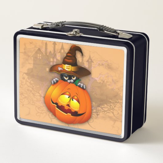 Halloween Niedlich Kitty Hexe und Kürbisfreund Metall Brotdose (Vorderseite)