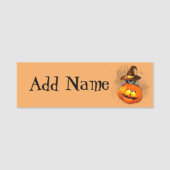 Halloween Niedlich Kitty Hexe und Kürbisfreund Namensschild (Vorderseite)