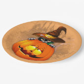 Halloween Niedlich Kitty Hexe und Kürbisfreund Pappteller (Schrägansicht)