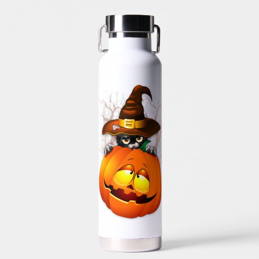 Halloween Niedlich Kitty Hexe und Kürbisfreund Trinkflasche (Vorne)