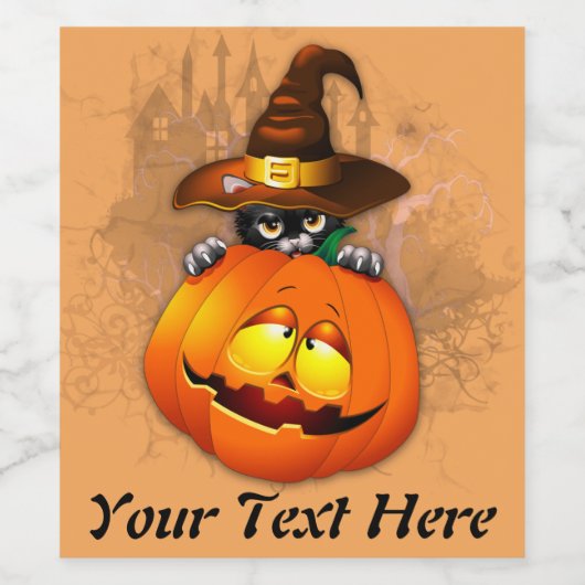 Halloween Niedlich Kitty Hexe und Kürbisfreund Weinetikett (Einzelnes Label)
