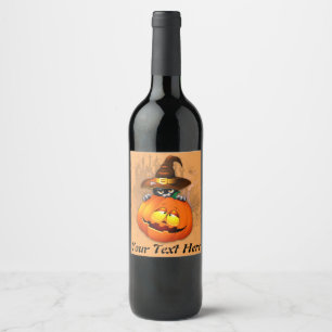 Halloween Niedlich Kitty Hexe und Kürbisfreund Weinetikett