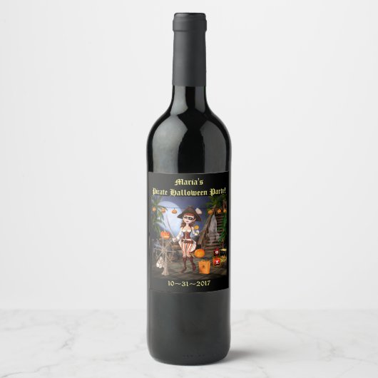 Halloween Niedlich Pirate Girl Wine Label Weinetikett (Vorderseite)