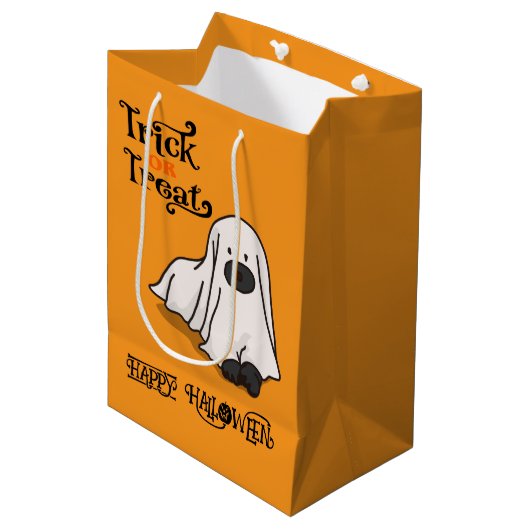 Halloween Niedlich Spooky Whimsical Ghost Dog Oran Mittlere Geschenktüte (Vorderseite Schrägansicht)