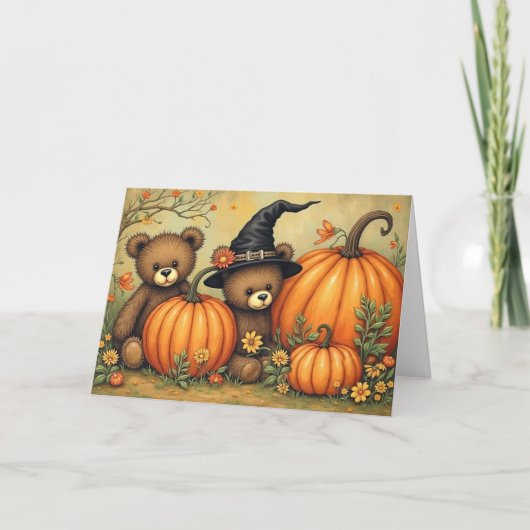 Halloween Niedlich Teddy Bars Folk Art Puimpkin Karte (Vorderseite)