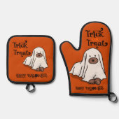 Halloween Niedlich Whimsical Ghost Dog Orange Ofenhandschuh & Topflappen-Set (Vorderseite)