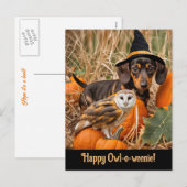 Halloween Niedliche Dackel Pup Owl Feiertagspostkarte (Vorne/Hinten)