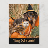 Halloween Niedliche Dackel Pup Owl Feiertagspostkarte (Vorderseite)