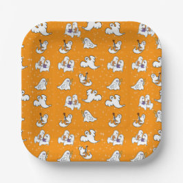 Halloween niedliche Geister auf orangefarbenem Hin Pappteller