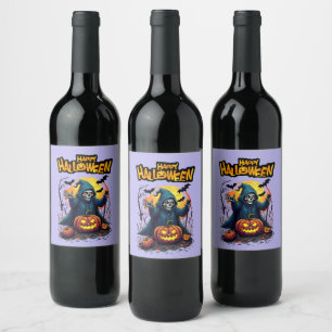 Halloween: Niedliche Geister und Pumpkin-Familie Weinetikett