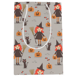 Halloween Niedliche Hexe, Kürbis, Schwarze Katze Mittlere Geschenktüte