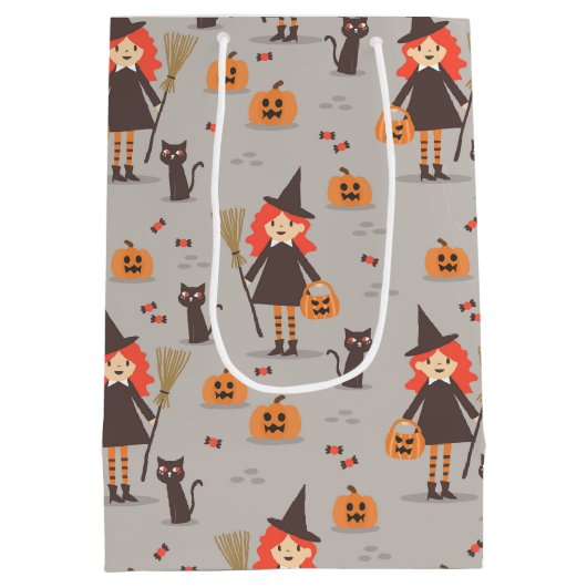 Halloween Niedliche Hexe, Kürbis, Schwarze Katze Mittlere Geschenktüte (Rückseite)