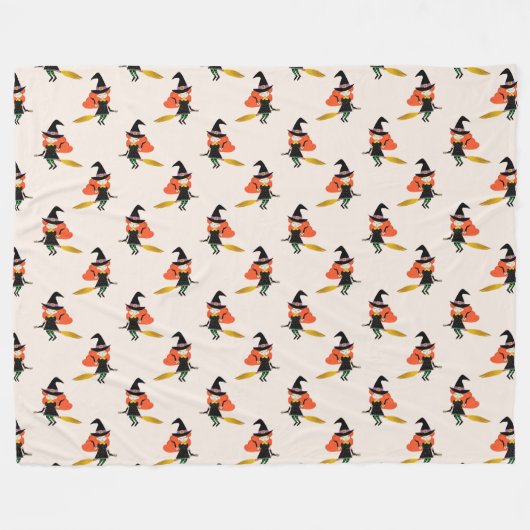 Halloween Niedliche Hexe mit Broom Beige Fleecedecke (Vorderseite (Horizontal))
