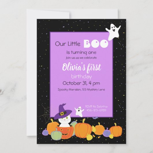 Halloween Niedliche Katze in Hexenhut Einladung (Vorderseite)