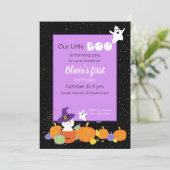 Halloween Niedliche Katze in Hexenhut Einladung (Stehend Vorderseite)