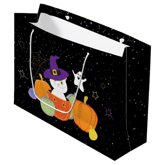 Halloween Niedliche Katze in Hexenhut Große Geschenktüte (Vorderseite Schrägansicht)