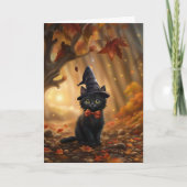Halloween Niedliche Schwarze Katze mit Hexenhut un Karte (Vorderseite)