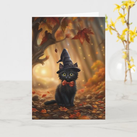 Halloween Niedliche Schwarze Katze mit Hexenhut un Karte (Gelbe Blume)