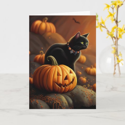 Halloween Niedliche Schwarze Katze und Kürbislater Karte (Gelbe Blume)