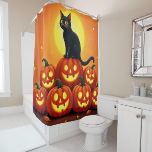 Halloween niedliche Schwarze Katze und Laternen de Duschvorhang