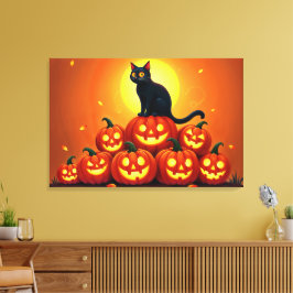 Halloween niedliche Schwarze Katze und Laternen de Leinwanddruck
