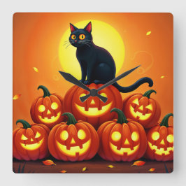 Halloween niedliche Schwarze Katze und Laternen de Quadratische Wanduhr