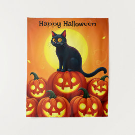 Halloween niedliche Schwarze Katze und Laternen de Wandteppich
