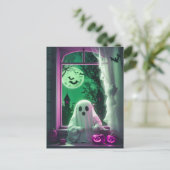 Halloween Niedlicher kleiner Geist von der Fenster Postkarte (Stehend Vorderseite)