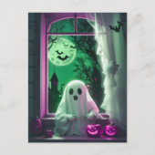 Halloween Niedlicher kleiner Geist von der Fenster Postkarte (Vorderseite)