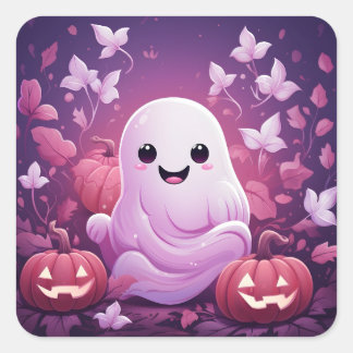 Halloween Niedlicher rosa Geist und Orangenpumpen Quadratischer Aufkleber