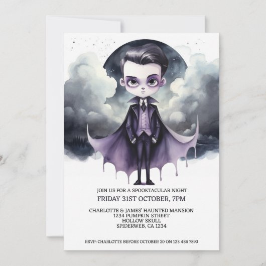 Halloween Niedlicher Vampir unter Vollmond Einladung (Vorderseite)