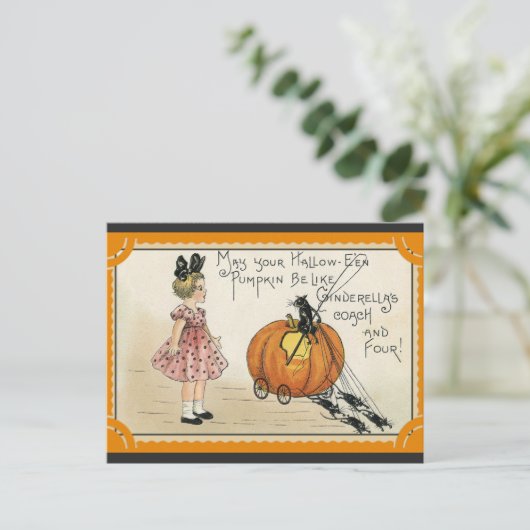 Halloween Niedliches Vintages Kürbiskatzenmädchen Postkarte (Stehend Vorderseite)