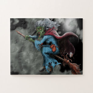 Halloween Night Beängstigend Flying Hexenschädel Puzzle