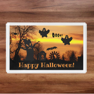 Halloween Night Beängstigend Ghosts and Bats Scene Acryl Tablett