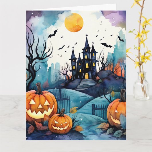 Halloween Night Jack O'Lanterns Bats Moon Ghost Karte (Gelbe Blume)