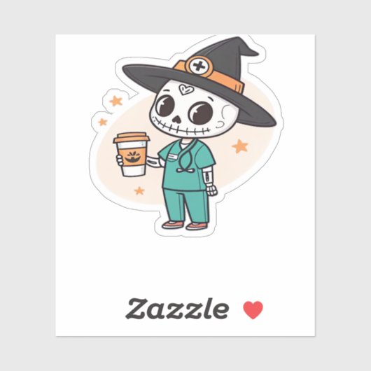 Halloween Nurse mit Kaffee-Tragen Hexenhut Cl Aufkleber (Blatt)