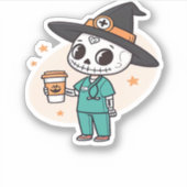Halloween Nurse mit Kaffee-Tragen Hexenhut Cl Aufkleber (Vorderseite)