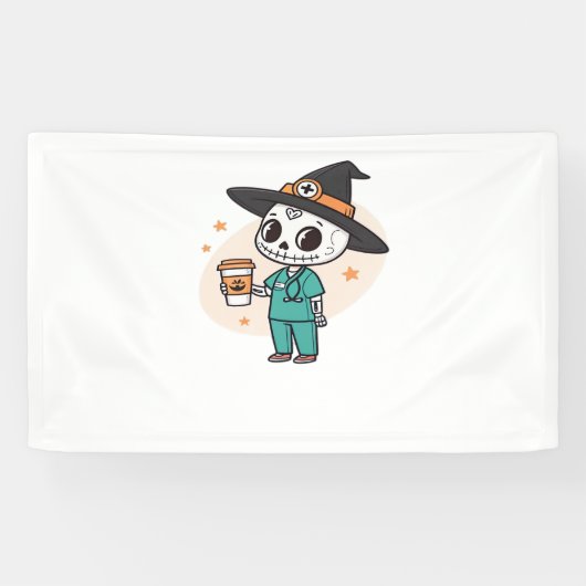 Halloween Nurse mit Kaffee-Tragen Hexenhut Cl Banner (Horizontal)