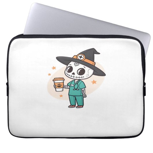 Halloween Nurse mit Kaffee-Tragen Hexenhut Cl Laptopschutzhülle (Vorderseite)