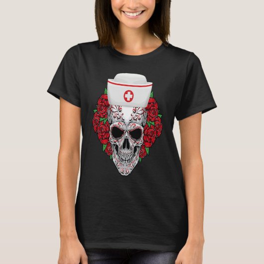 Halloween Nurse Sugar Skull Day of the Dead T-Shirt (Vorderseite)