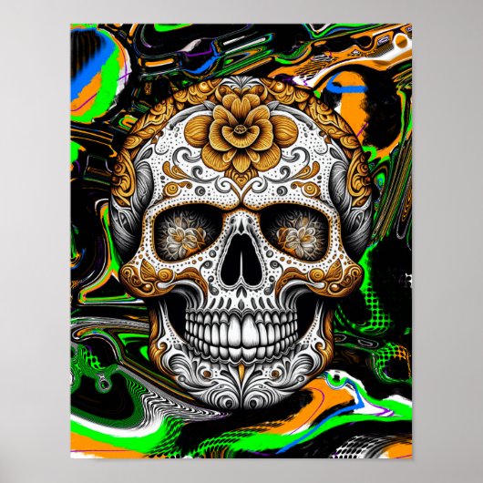 Halloween oder Día de Muertos Sugar Skull Fluid Ar Poster (Vorne)